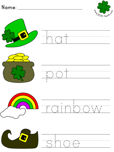 picture clue tracer worksheets - hat, pot, rainbow, shoe