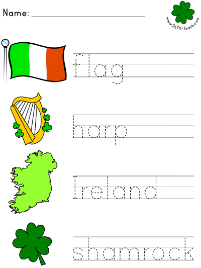 picture clue tracer worksheets - flag, harp, Ireland, shamrock