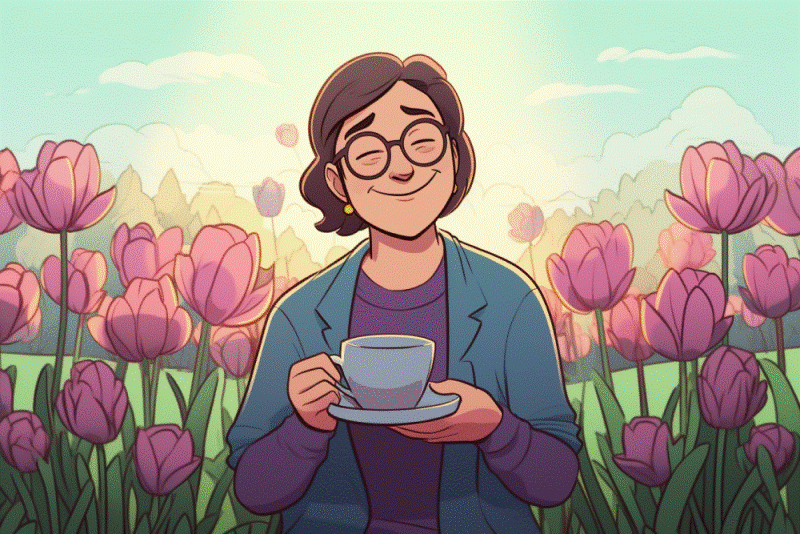 digital artwork of Leanne sipping a cup of tea in a spring garden full of tulips