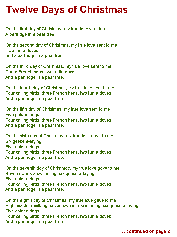 Twelve Days Of Christmas Lyrics Page One Christmas Lyrics Christmas Carols Lyrics Christmas