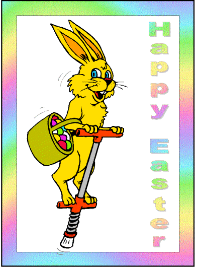 happy easter coloring page of a bunny with a basket hopping on a pogo stick