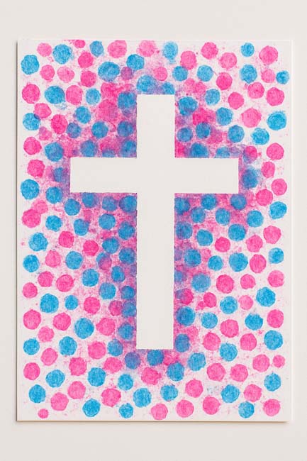 painter's tape resist cross craft done in a bingo dauber art style