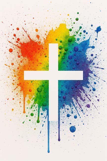 painter's tape resist cross craft done in a splatter paint style