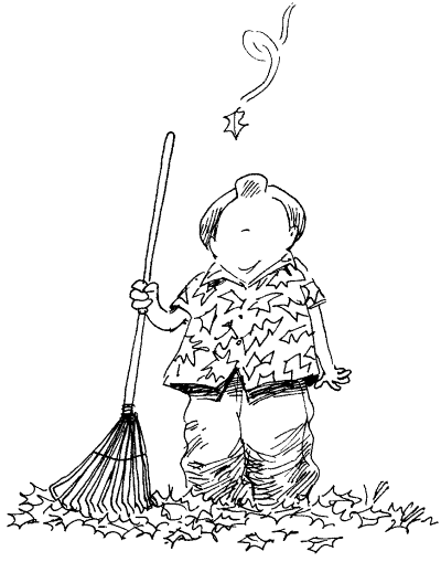 autumn coloring page of a man raking leaves