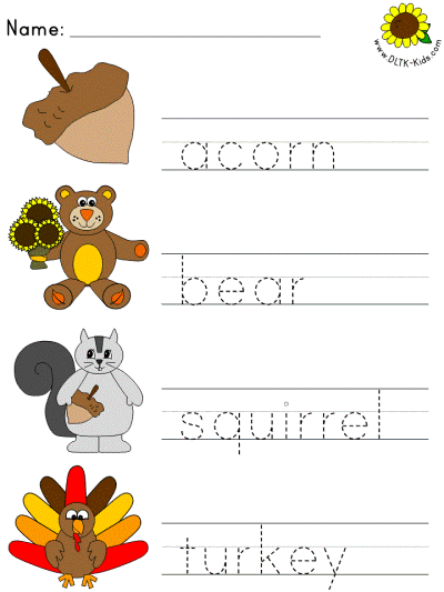 autumn tracer page - acorn, bear, squirrel, turkey