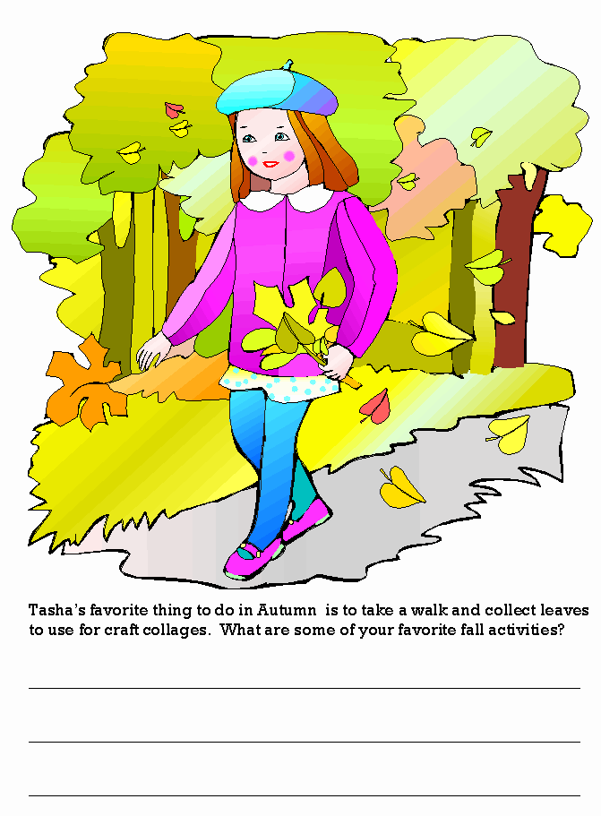 autumn coloring page of a girl collecting leaves