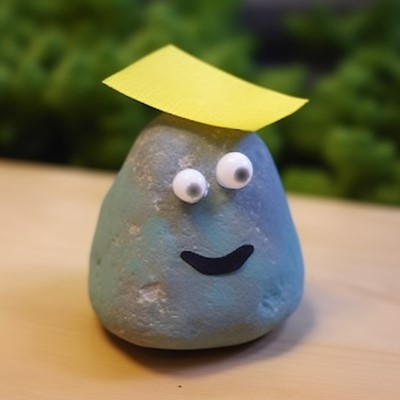 pet rock with paper cap