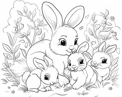 coloring page of a rabbit mom and bunnies