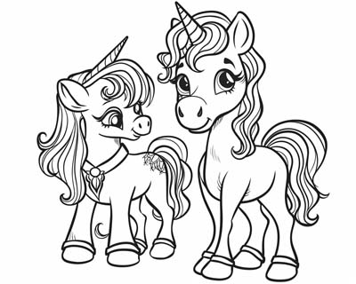 coloring page of a unicorn mom and foal