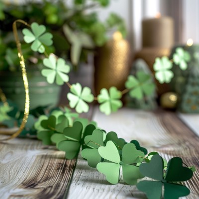 garland of paper shamrocks and ribbon