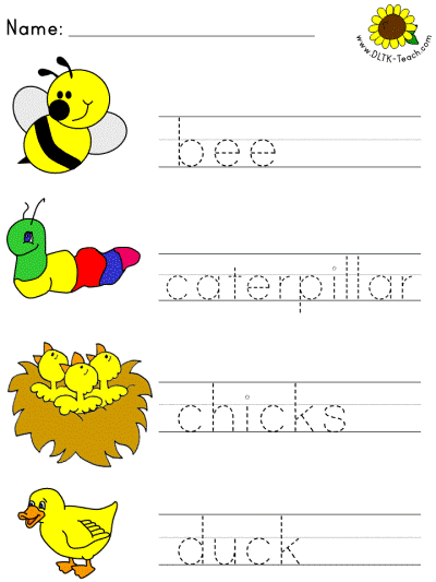 picture clue tracer worksheet of spring animals - bee, caterpillar, chicks, duck