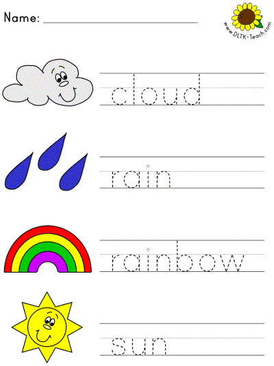 picture clue tracer worksheet of spring weather - cloud, rain, rainbow, sun